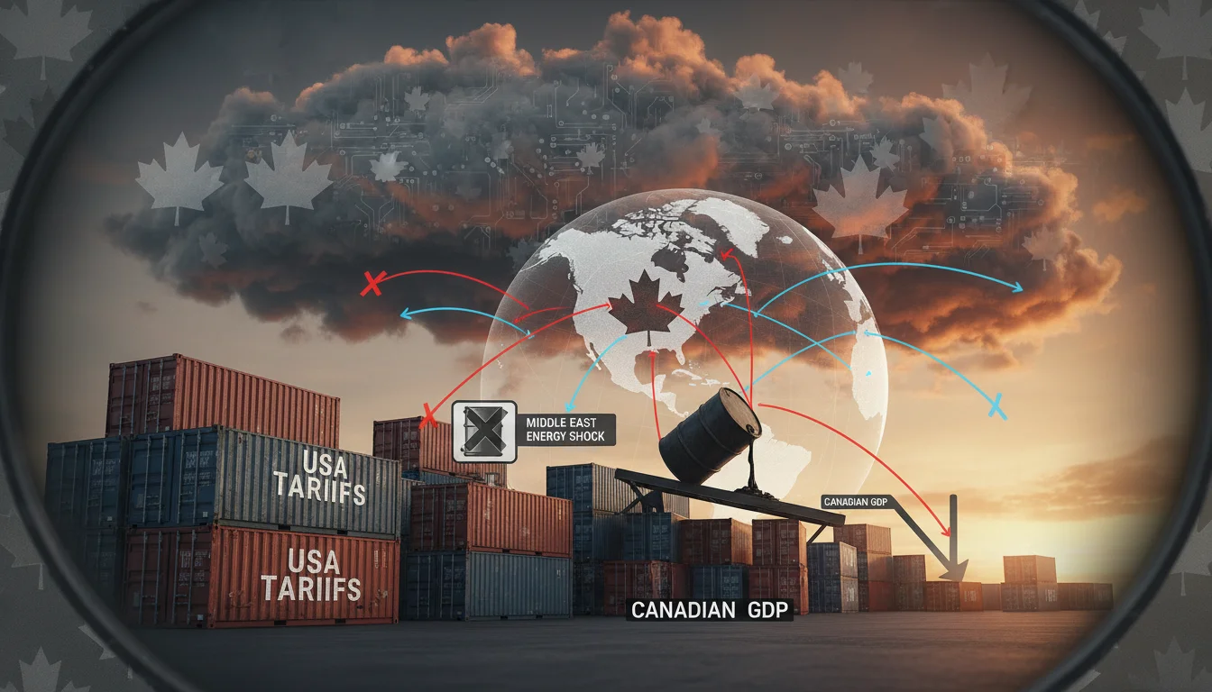 An image depicting the complex interplay of international trade and geopolitical events affecting the Canadian economy. Show elements like shipping containers, global maps with trade routes, tariffs, and an oil barrel, symbolizing the US trade war and the Middle East energy shock impacting Canada, with a subtle maple leaf motif.
