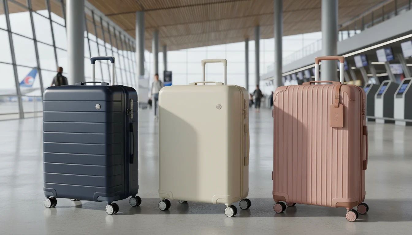 Three premium hardshell carry-on suitcases, representing Away, Monos, and July, standing side-by-side in a sleek, modern airport setting. The luggage should highlight distinct design elements and colors for each brand, with a focus on durability and travel readiness.