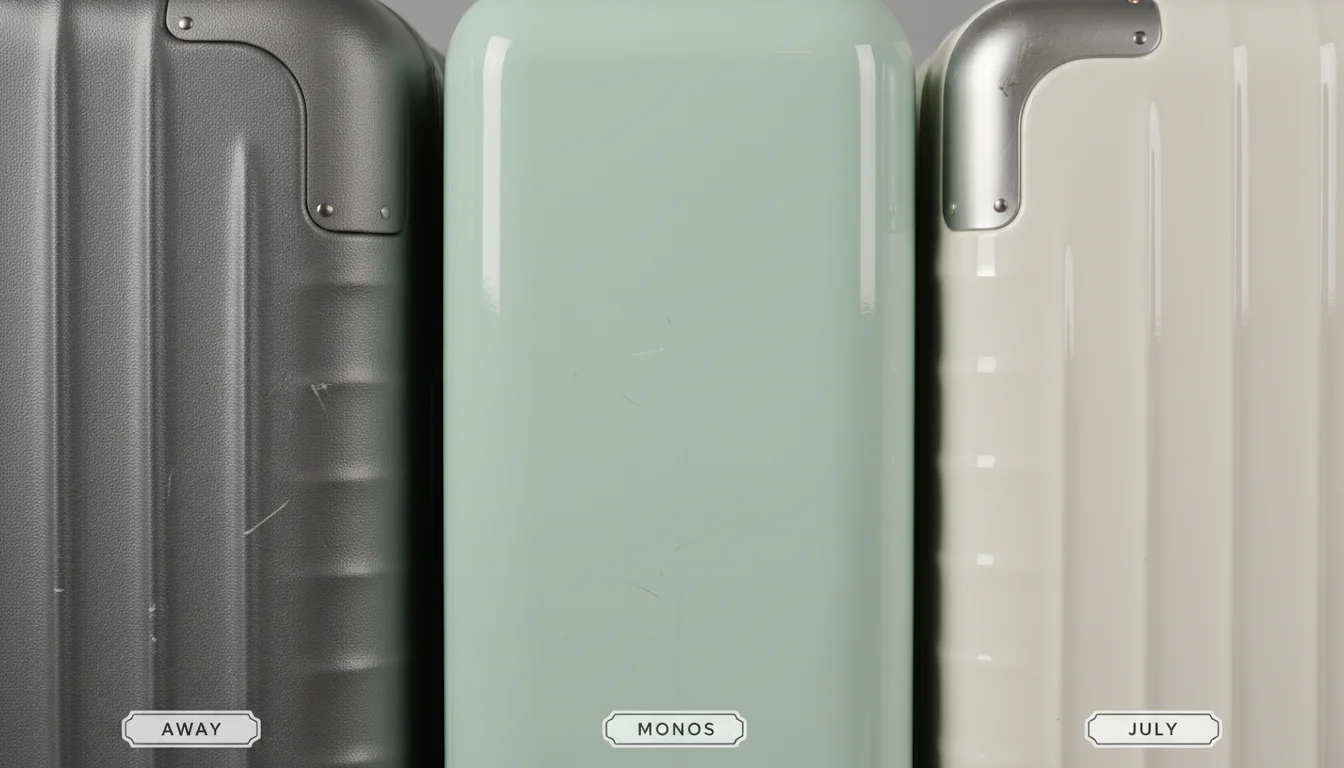 A close-up, high-detail studio shot comparing the polycarbonate shell textures of three carry-on suitcases: Away with its granular matte finish, Monos with its ultra-smooth, pastel-toned surface, and July with its curved eggshell design and integrated anodized aluminum corner bumpers. The image should subtly highlight the differences in scratch resistance and material composition.