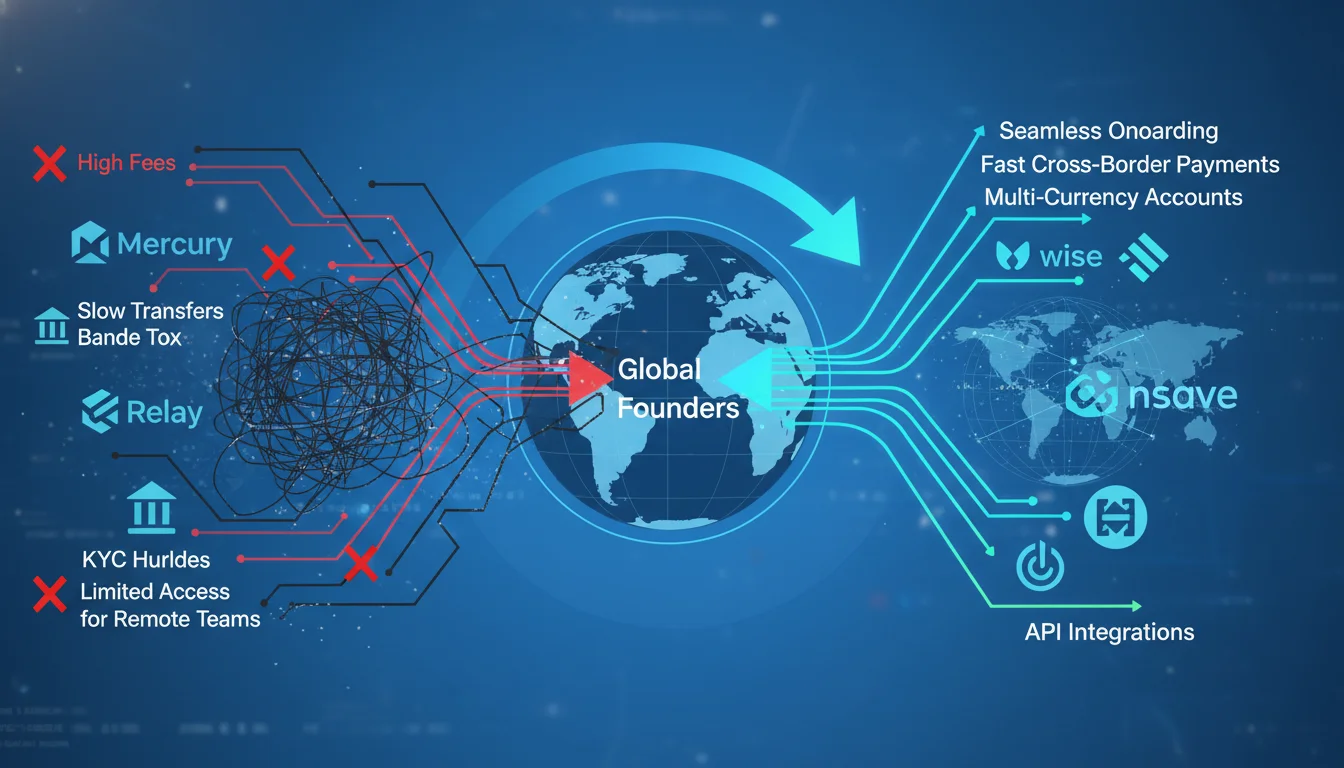 A visual illustrating the global banking challenges and solutions for remote startups. Show a complex, tangled web of traditional banking routes being cut off or problematic (represented by broken lines or 'X' marks over logos like Mercury/Relay). Juxtapose this with clear, streamlined pathways (represented by bright, flowing lines or arrows) leading to modern fintech platforms like Wise and nsave, emphasizing cross-border connectivity and ease of transaction for international founders. Incorporate global maps or abstract digital networks.