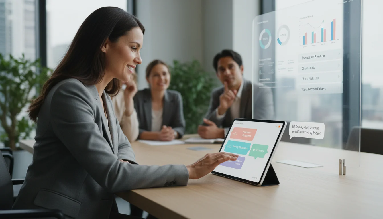 A professional, mid-level business manager, not a data scientist, confidently using a user-friendly, no-code AI interface (e.g., a chatbot or drag-and-drop elements) on a tablet or laptop to analyze business data and get predictive insights. The scene should convey ease of use and the democratization of advanced analytics.