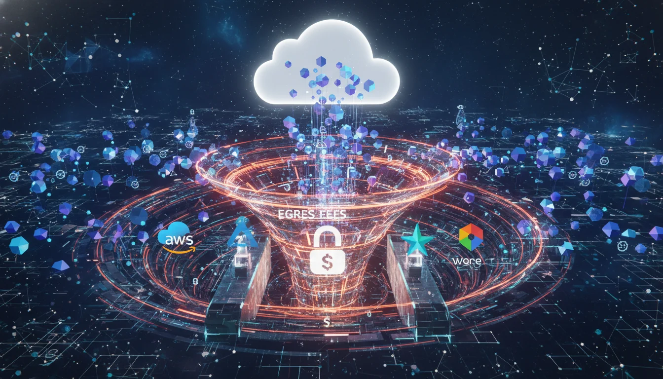 A futuristic digital illustration representing data egress from a cloud environment. Show data packets flowing out from a cloud icon, encountering a 'toll booth' or a 'gravity well' that symbolizes data gravity and egress fees. Include subtle branding elements for AWS, Azure, and GCP, emphasizing the financial barrier to data movement. Modern, abstract, digital art style.