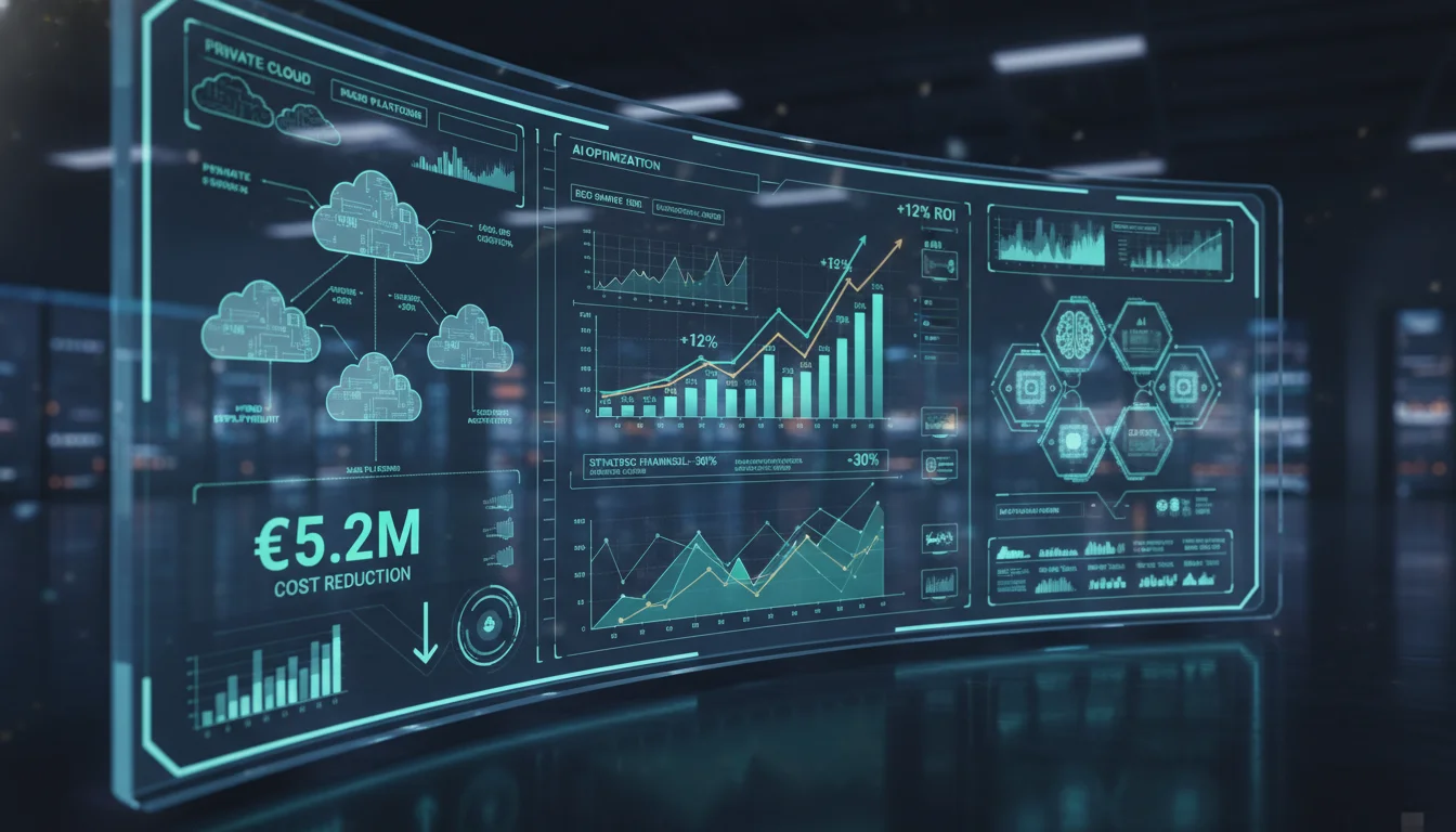 A futuristic data dashboard showing financial graphs, cloud icons, cost savings, and AI processors, with a focus on optimization and efficiency. The scene should convey strategic financial management in a complex cloud environment, with subtle elements of SaaS and autonomous infrastructure. Dynamic and insightful.