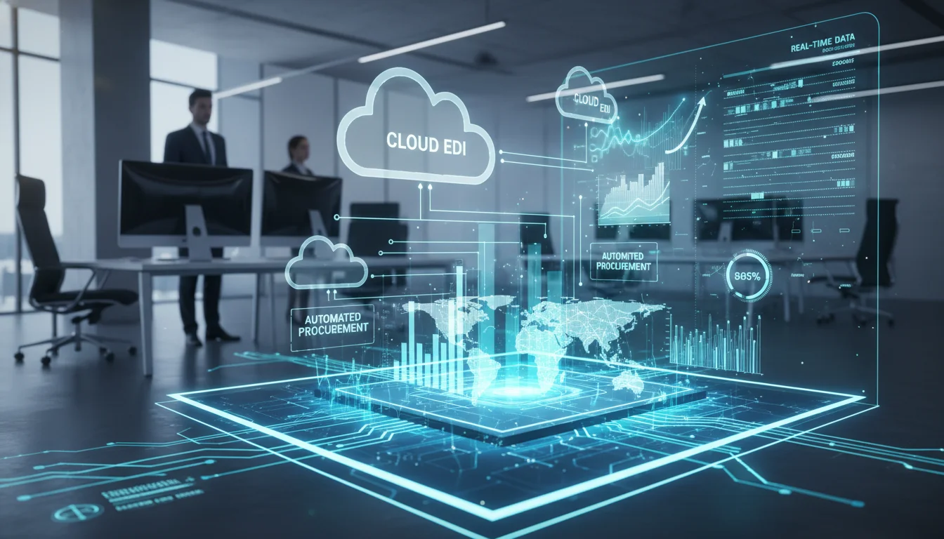 Visualize a modern, interconnected B2B supply chain with data flowing seamlessly between various nodes. Futuristic cloud icons and digital graphs represent Cloud EDI, automating procurement processes. Emphasize efficiency, real-time data, and a global network, with a subtle hint of a modern business environment. Bright, professional aesthetic.