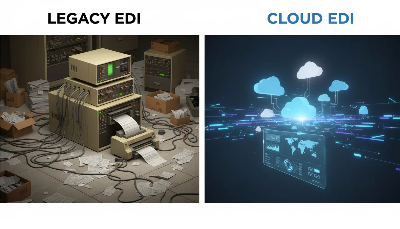 A split image showing the evolution of data exchange. On one side, represent 'Legacy EDI' with an old, bulky mainframe computer with tangled wires and paper documents. On the other side, represent 'Cloud EDI' with sleek, modern cloud icons, digital data streams flowing smoothly, and a streamlined, futuristic interface, symbolizing efficiency and scalability. Professional, clear contrast.