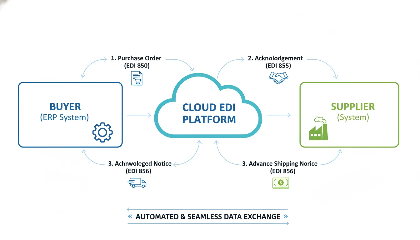 An infographic or diagram illustrating the automated Procure-to-Pay (P2P) workflow with Cloud EDI. Show a clear sequence of steps: Buyer (ERP system) sends Purchase Order (EDI 850) to Supplier (System), Supplier sends Acknowledgment (EDI 855), then Advance Shipping Notice (EDI 856), and finally Invoice (EDI 810). Use subtle arrows to show data flow and small icons representing each document. Emphasize automation and seamless exchange. Clean, professional, and easy to understand.