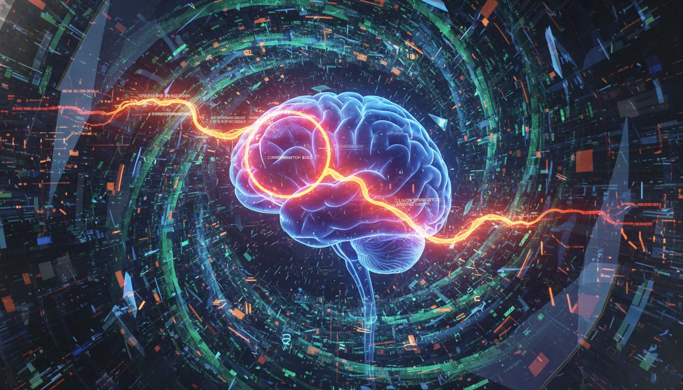 An abstract representation of a human brain surrounded by swirling digital data, with certain pathways highlighted to symbolize cognitive biases like confirmation bias and illusory truth effect, in a high-tech, slightly distorted style.