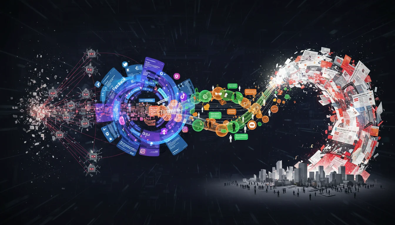 A visual metaphor for the 'lifecycle of a rumor' or 'media manipulation pipeline.' Show small, obscure digital bits escalating into a large, viral wave of information, with elements representing bot amplification, social media platforms, and private messaging apps, in a dynamic, interconnected style.