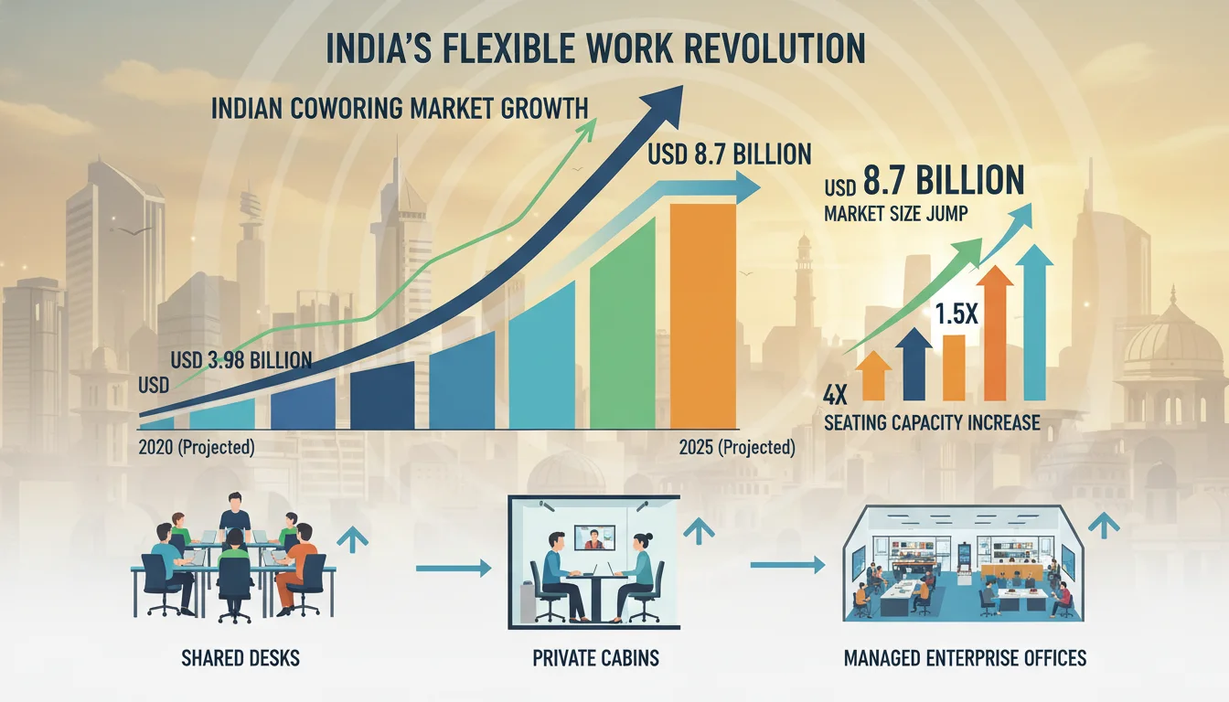 Dynamic infographic illustrating the explosive growth of the Indian coworking market, featuring upward trending graphs, increasing revenue figures (e.g., USD 3.98 billion, USD 8.7 billion), and visual representations of diverse flexible office types like shared desks, private cabins, and large managed enterprise offices. Incorporate subtle Indian architectural elements or city skylines in the background, symbolizing the market's expansion across metropolitan and Tier-2 cities. Emphasize scale and rapid development.