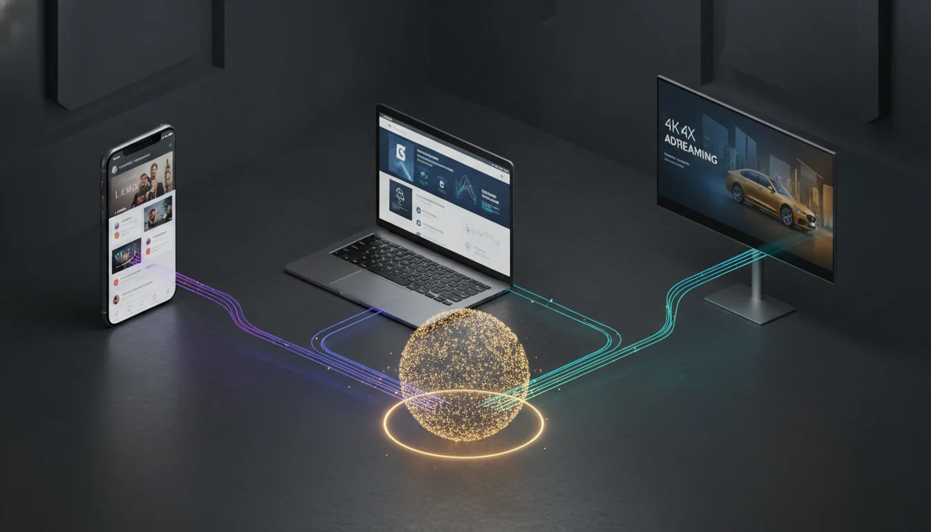 A sophisticated 3D isometric representation of various premium digital advertising channels. A sleek smartphone displays a vibrant social media feed, a professional laptop shows a high-end B2B networking site, and a large 4K television displays a cinematic streaming service. Glowing fiber-optic lines connect these devices to a central core of golden data particles, symbolizing high-quality, high-intent traffic in a clean, dark-themed professional studio setting.