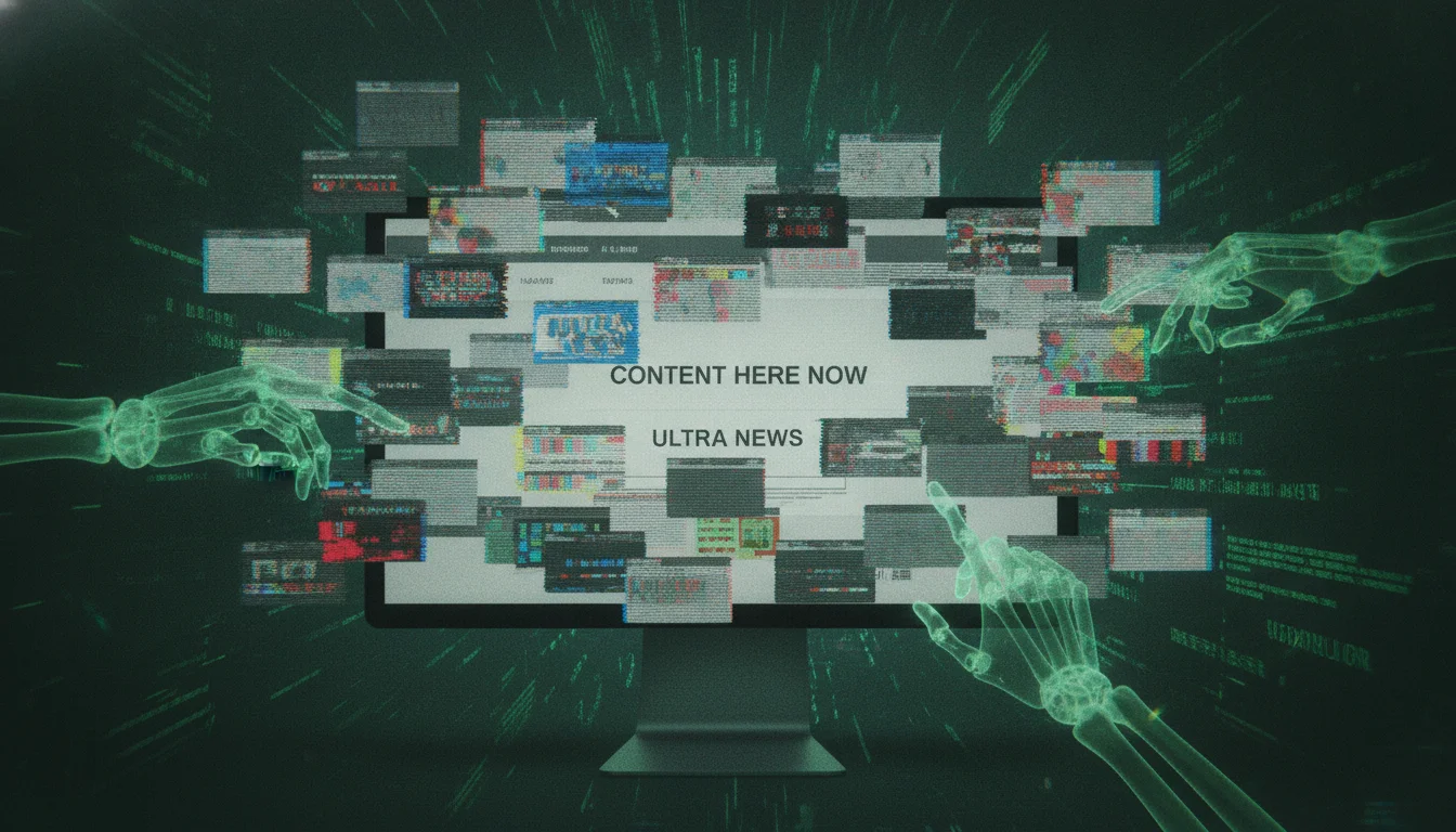 A conceptual digital illustration of a 'Made for Advertising' (MFA) website. A computer monitor is visible through a dense, chaotic swarm of low-resolution, glitchy banner ads and pop-up windows that obscure the minimal, nonsensical text content. Translucent, skeletal robotic hands rapidly click on empty space, surrounded by a dark, green 'matrix-style' background representing bot traffic and digital ad fraud.