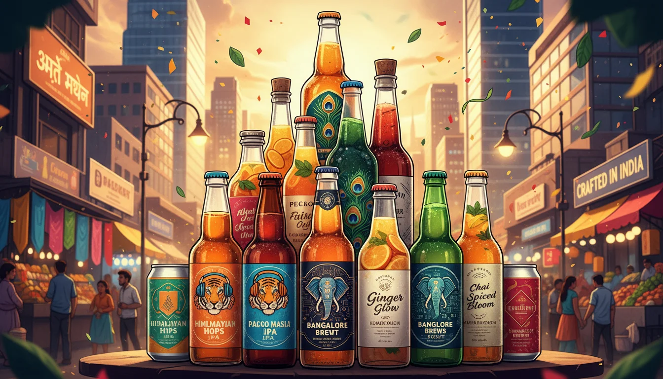 A dynamic and vibrant image depicting the booming Indian craft beverage market. Show an exciting mix of diverse craft beer bottles and unique kombucha drinks, perhaps with a background subtly suggesting a modern Indian urban setting or a bustling market, emphasizing growth, innovation, and premium quality. The scene should convey a sense of excitement and consumer choice. High-quality, professional, digital art style.