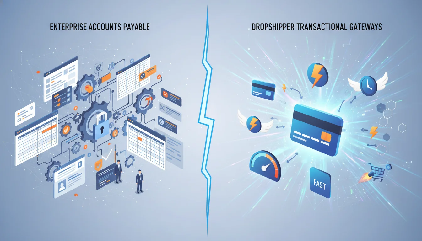 A modern digital illustration contrasting two types of B2B payment solutions. On one side, show complex, multi-step enterprise Accounts Payable software with gears, spreadsheets, and approval icons. On the other side, depict agile, high-velocity transactional gateways for dropshippers with icons of virtual cards, fast transfers, and simple API connections, emphasizing speed and ease of use.