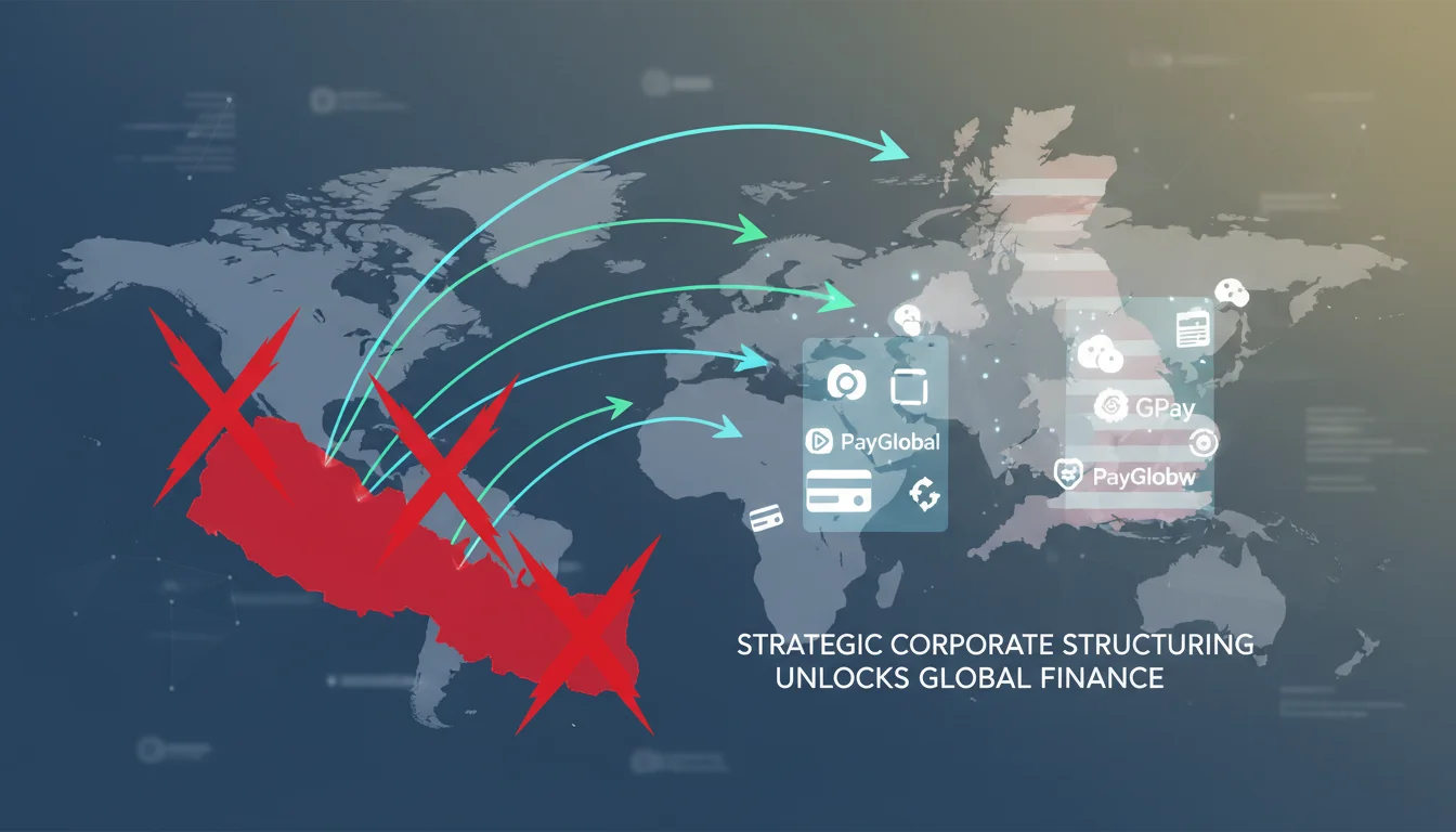 A clear visual concept illustrating 'jurisdictional arbitrage' for global dropshippers. Show a map with a country like Nepal highlighted with red X's or restrictions. Arrows lead from this restricted area to transparent, open offshore jurisdictions (like a stylized USA or UK flag/silhouette) where digital financial platforms (represented by generic fintech logos or modern interfaces) are easily accessible. The overall image should convey overcoming barriers through strategic corporate structuring to unlock global financial tools.