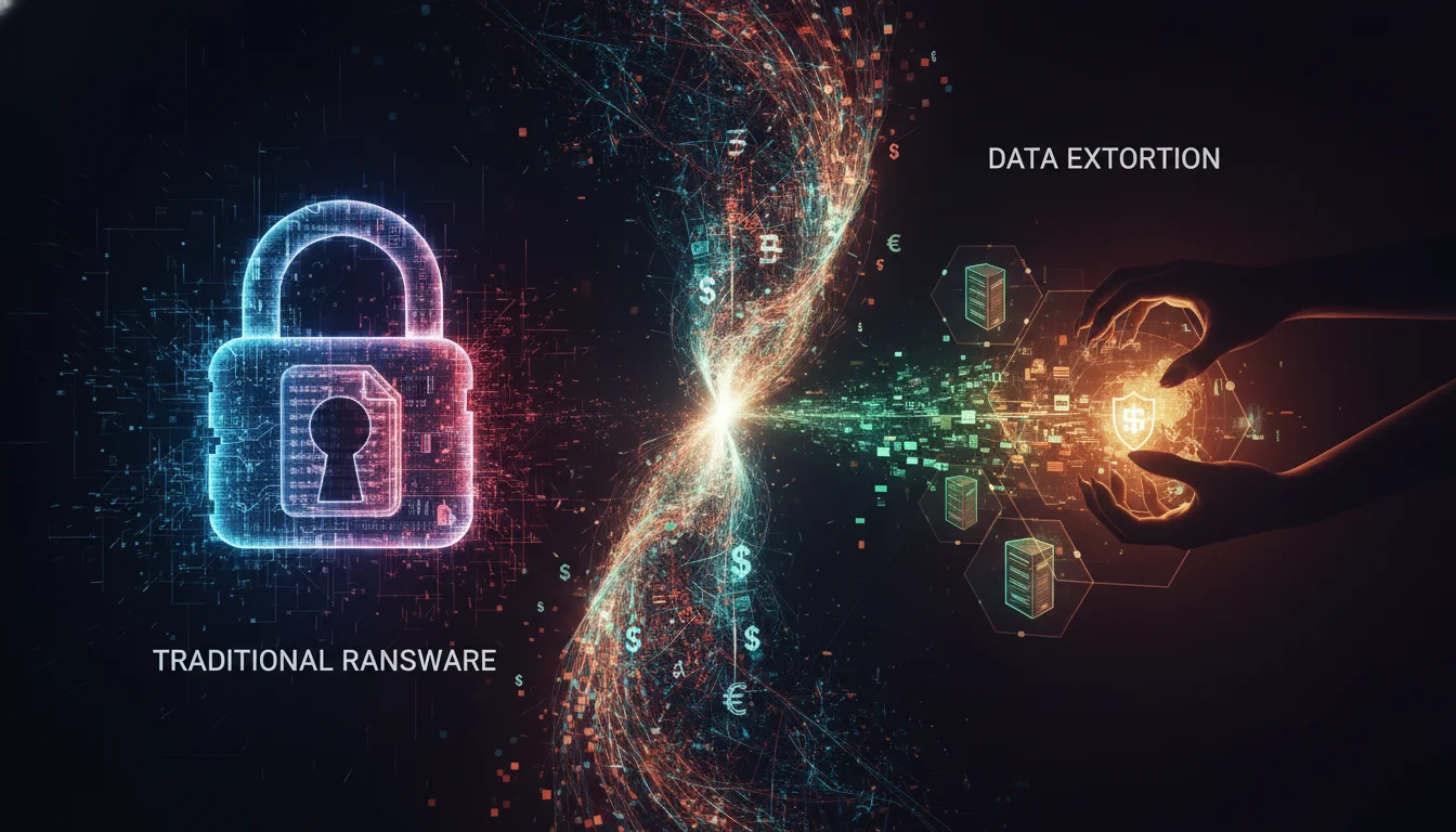 An abstract visual illustrating the evolution of ransomware. On one side, a digital padlock encasing encrypted files, representing traditional ransomware. On the other side, sensitive data visibly exfiltrating from a corporate network into shadowy hands, symbolizing data extortion. Use elements of glowing data streams and a clear distinction between the two attack methods, conveying increased complexity and cost.