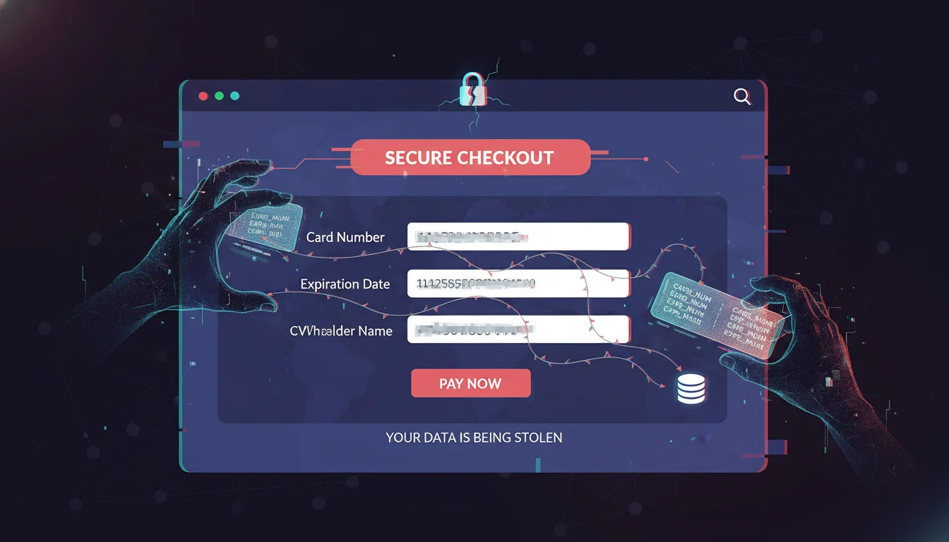 A visual representation of digital skimming on an e-commerce website. A stylized online checkout page with credit card input fields. Subtle, malicious code snippets or shadowy, digital hands are shown discreetly siphoning payment card data from the page's backend, unnoticed by the user. Emphasize the hidden nature of the attack and the vulnerability of online transactions.