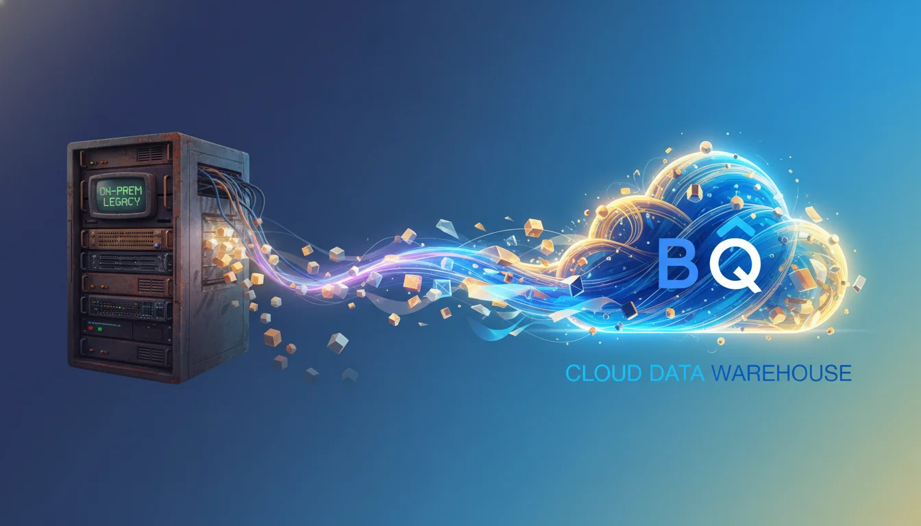 An abstract visualization of data migration from a legacy, on-premises data center (represented as a bulky, older server rack emitting faint, slow data streams) to a modern, scalable cloud data warehouse (represented by a sleek, bright, and rapidly expanding cloud icon with the Google BigQuery logo subtly incorporated). Show data flowing quickly and seamlessly from the old to the new, with elements of efficiency, automation, and modernization. Use a progression of colors from dull, muted tones for the legacy system to vibrant, energetic blues and yellows for the cloud.