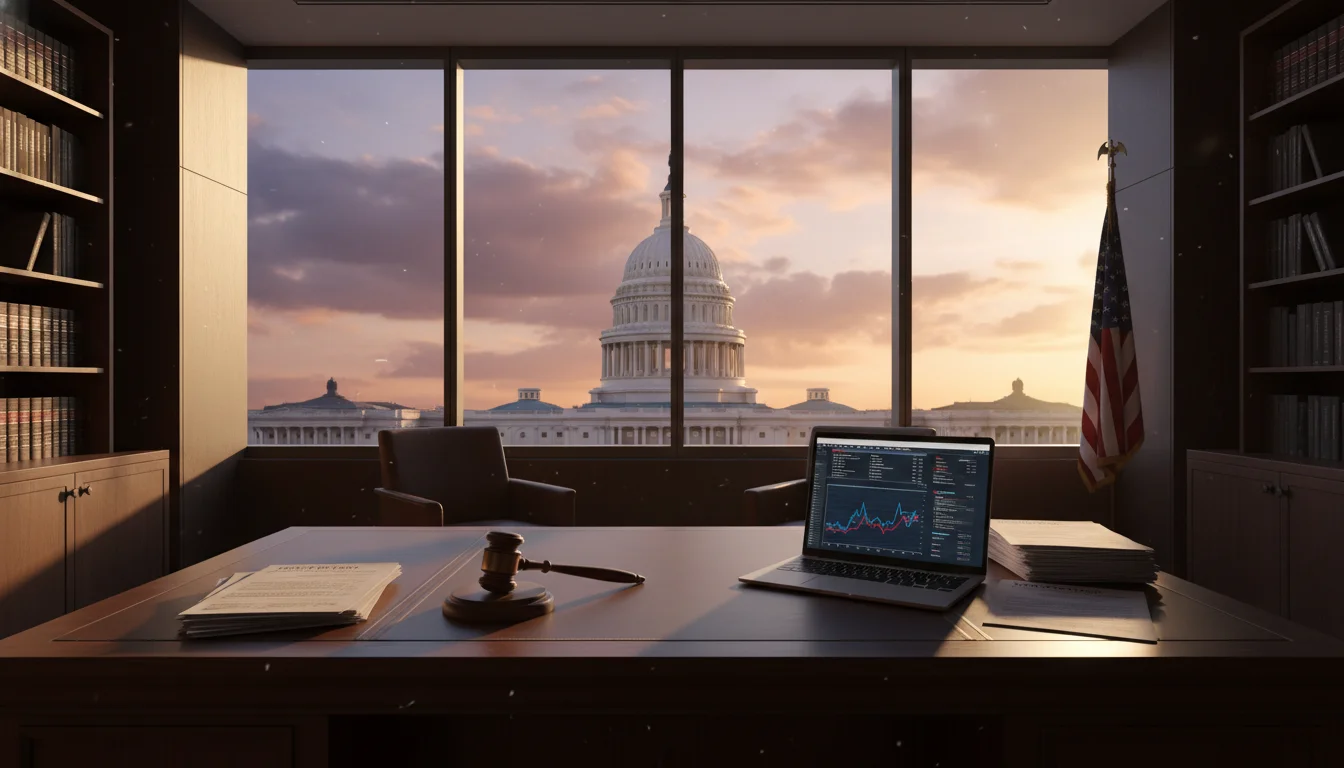 A professional cinematic shot of a modern law office interior in Washington D.C., with a view of the U.S. Capitol through the window. On a mahogany desk sits a legal gavel, a laptop showing complex data charts, and official-looking tax documents. The lighting is authoritative and professional.