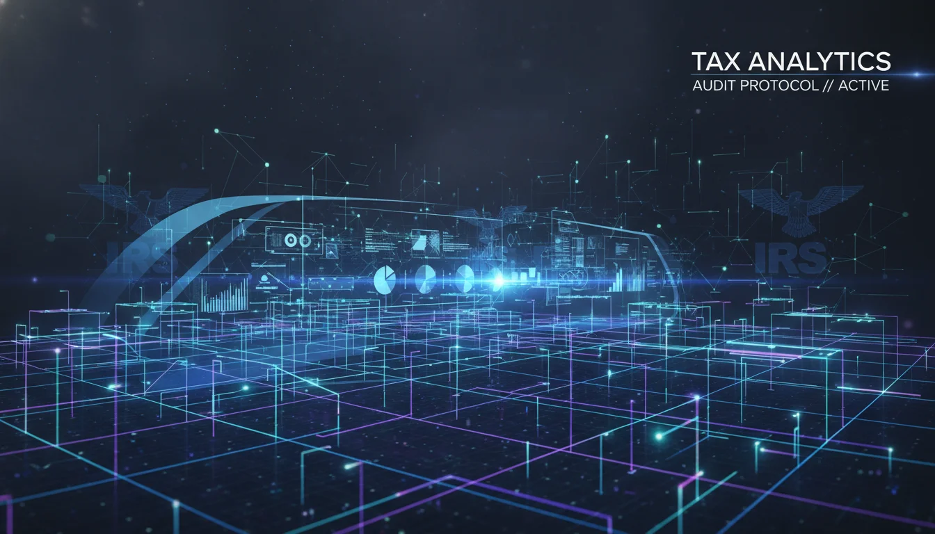 A high-tech digital visualization of a data grid being scanned by a holographic interface. Subtle IRS logo elements are integrated into a blue-toned technological background showing complex nodes and connections, representing advanced data analytics and tax auditing software. Sleek, modern, and slightly intimidating.