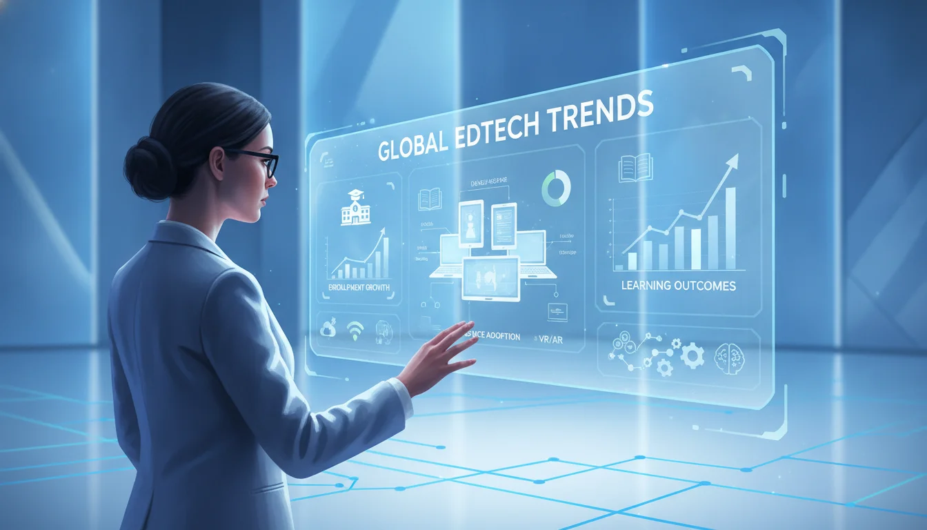 A professional digital illustration of a researcher analyzing a data dashboard showing educational technology trends, featuring icons of school buildings, tablets, and statistical graphs, in a clean, modern aesthetic with blue and white tones.