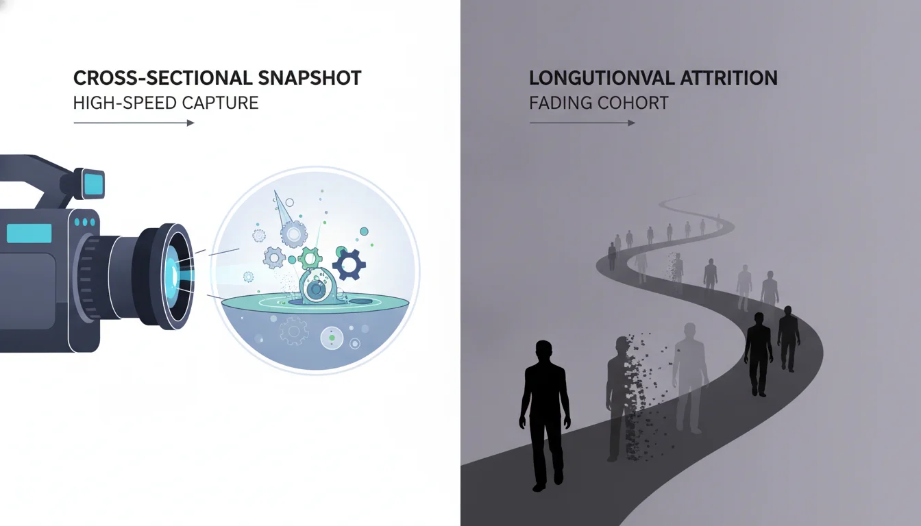 A conceptual split-screen illustration: the left side shows a crisp high-speed camera capturing a single moment in time (the cross-sectional snapshot), while the right side shows a group of silhouettes walking along a path where some figures are fading out (representing longitudinal attrition), in a modern vector art style.