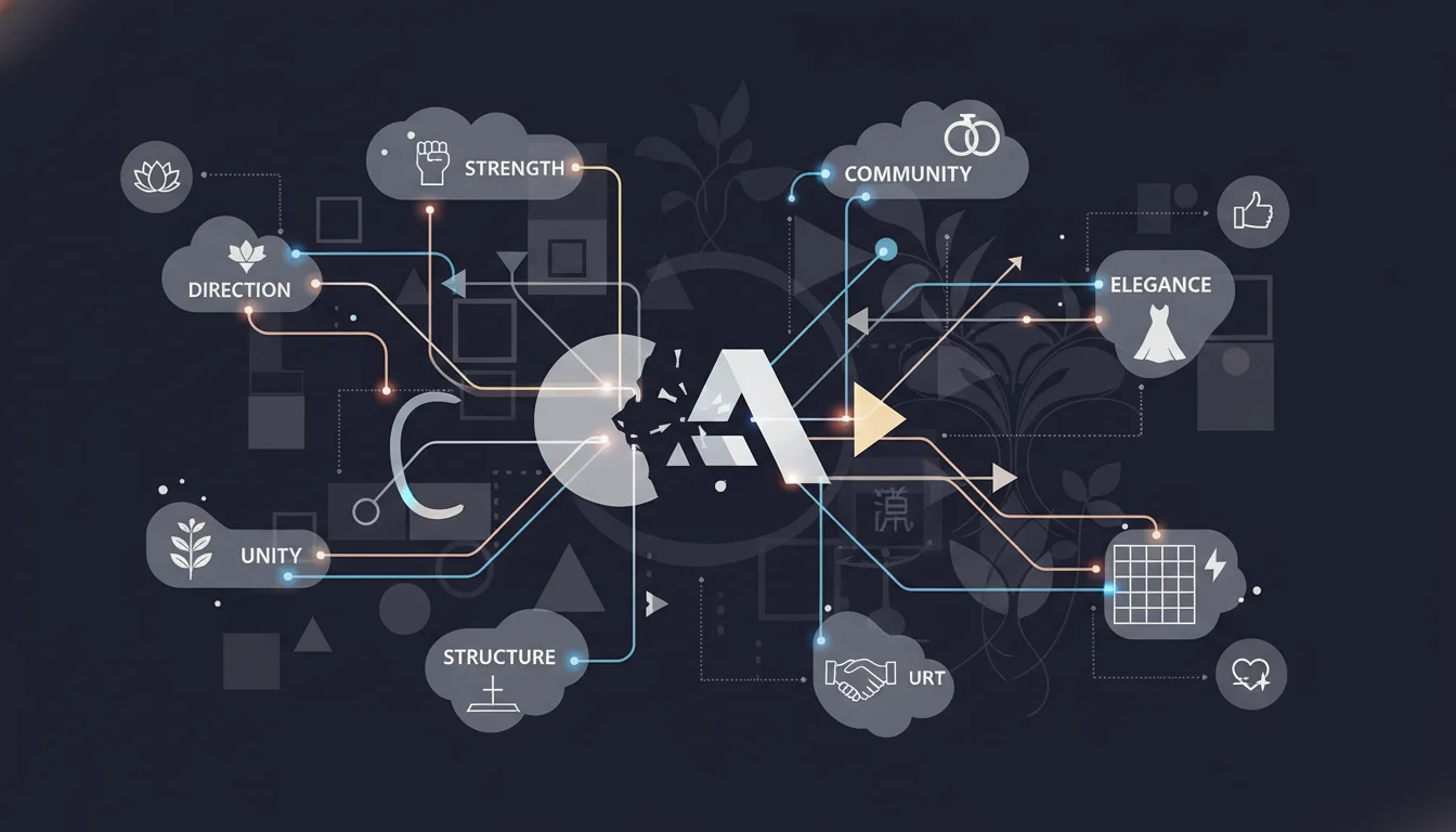 An abstract visual representation of semiotics in graphic design. Show a deconstructed digital asset (e.g., a logo or icon) with lines connecting its visual elements to floating concepts or emotions, illustrating how meaning is culturally constructed. Incorporate subtle symbols representing different historical design eras, such as Bauhaus geometric shapes and Art Nouveau organic curves.