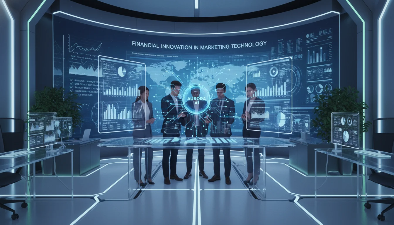 A futuristic office environment where a diverse team of digital marketing professionals analyzes complex data on holographic screens, displaying charts and graphs related to MarTech spending and tech stack utilization. Integrate elements of AI, glowing circuits, and a vibrant, professional aesthetic. Focus on the intersection of finance and advanced marketing technology.
