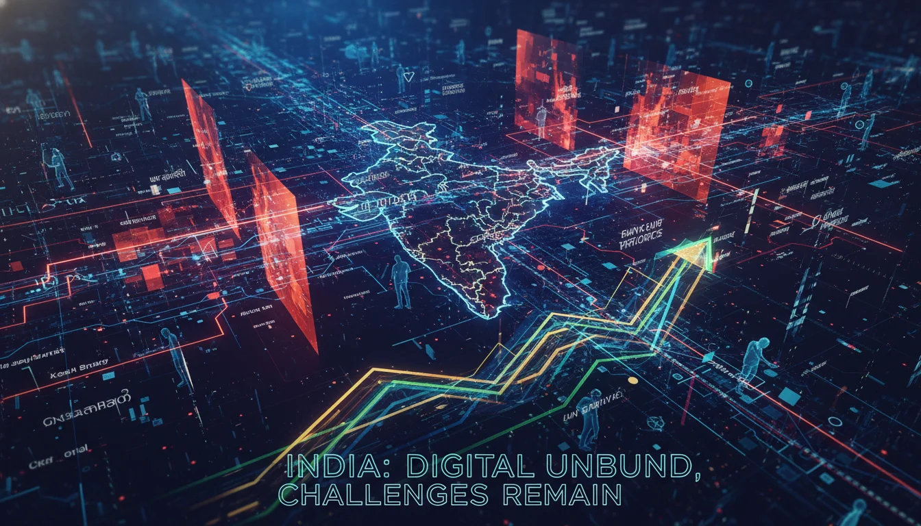A complex, interconnected digital marketing landscape in India, with abstract visual representations of data streams, diverse linguistic elements, and challenging barriers. Show a sense of both rapid growth and intricate problems within a vibrant, modern aesthetic.
