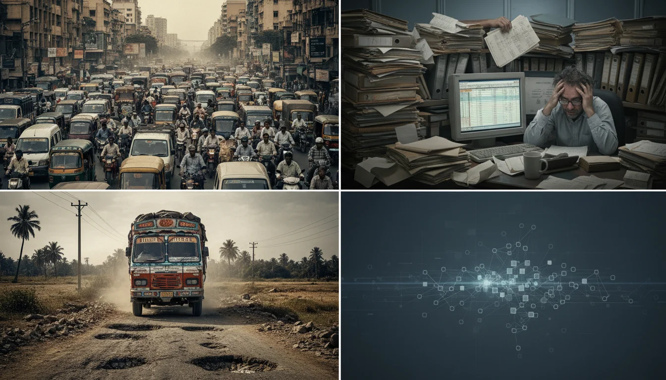 A split image or collage contrasting the challenges in Indian logistics: on one side, a highly congested urban street with many delivery vehicles stuck in traffic and a truck struggling on a poorly maintained rural road with potholes; on the other side, a chaotic office desk with stacks of physical documents and a person looking stressed at a spreadsheet, symbolizing manual inefficiencies and a lack of digital coordination.