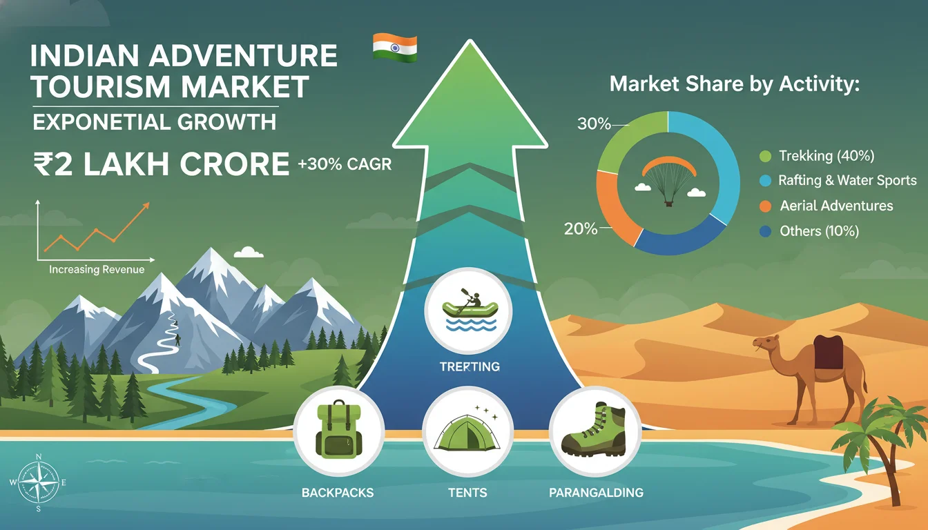 An infographic-style image illustrating the significant growth of the Indian adventure tourism market. Feature rising revenue figures, charts, and icons representing popular adventure activities (like trekking, rafting, paragliding) and essential outdoor gear (backpacks, tents, hiking boots), all set against a diverse Indian landscape.