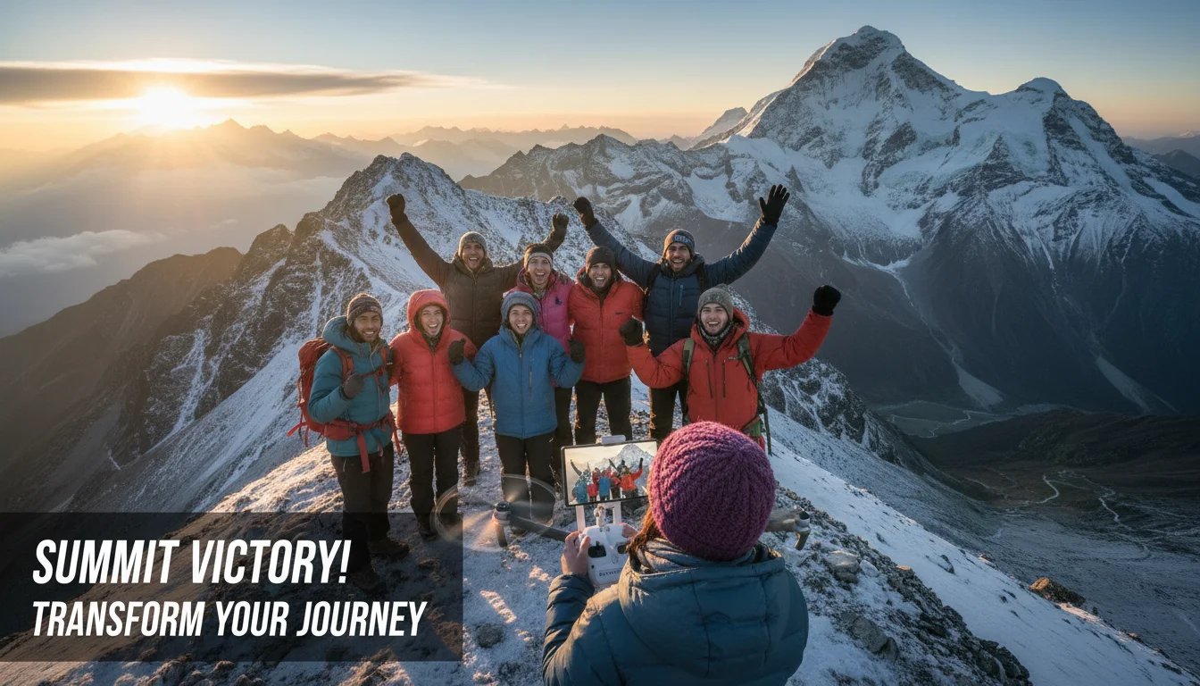 A dynamic image capturing a group of diverse trekkers celebrating at a majestic Himalayan summit, with one person expertly flying a drone to film the epic scene. The image should convey the raw emotion, camaraderie, and the transformative beauty of adventure, emphasizing high-impact video storytelling.