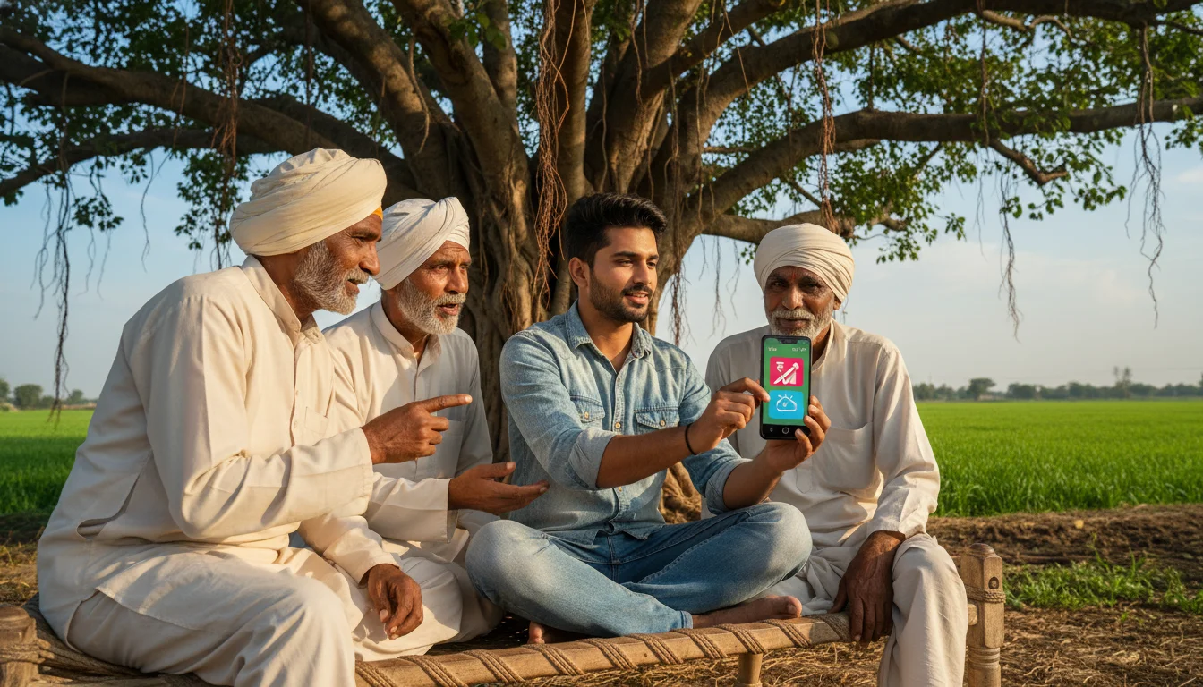 A close-up, authentic shot of a young, modern Indian farmer in a rural village setting showing his smartphone screen to a group of older farmers. The screen displays a colorful agricultural app with icons for market prices and weather. They are sitting on a wooden charpai (traditional bed) under a large banyan tree, with a vibrant green field and a blue sky in the background. The atmosphere is collaborative and optimistic.