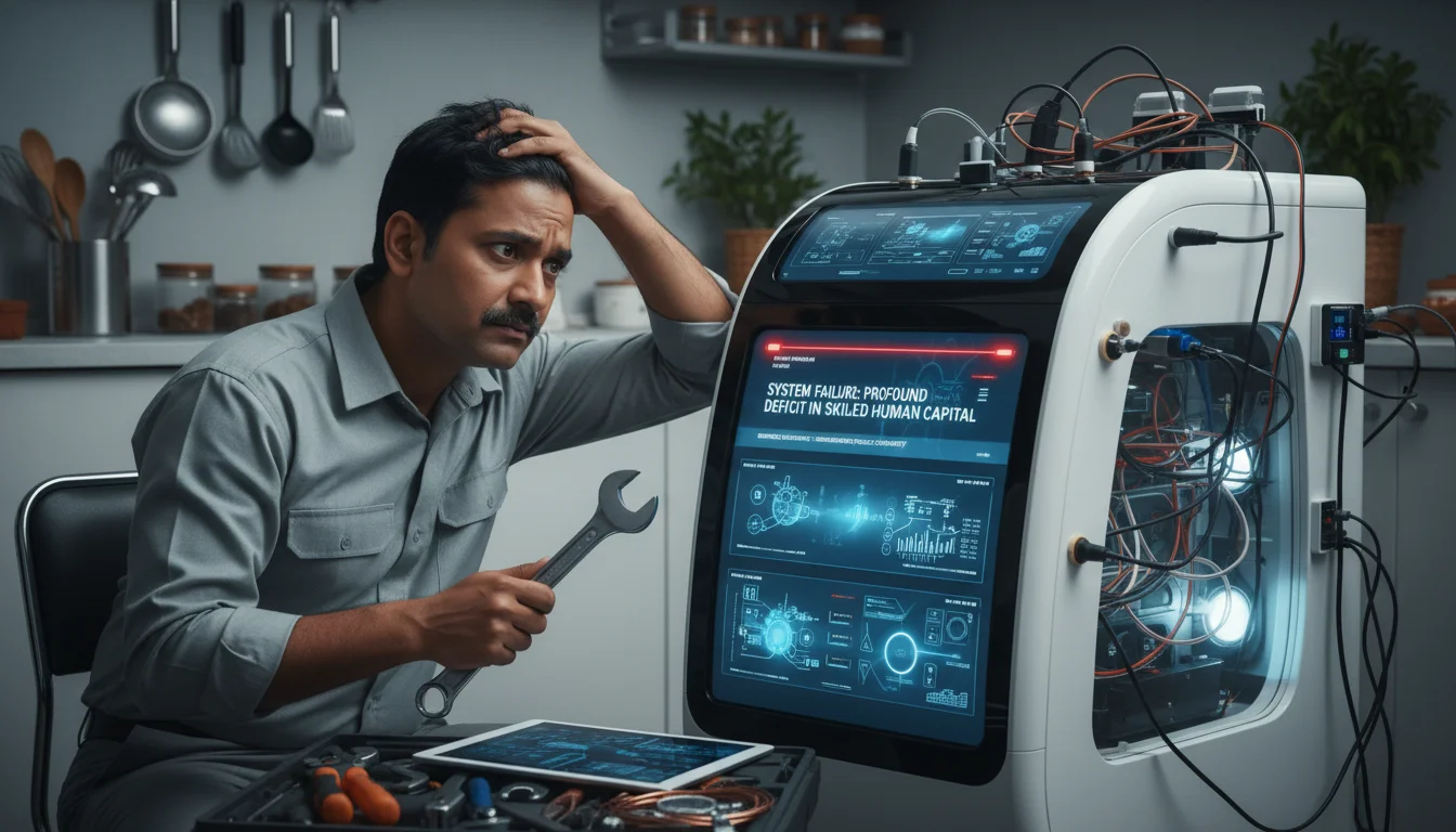 An Indian technician looking perplexed or frustrated while trying to repair a highly complex, futuristic smart washing machine with many touchscreens and IoT sensors, symbolizing the 'profound deficit in skilled human capital' and the challenge of increasing product complexity in India. The background is a modern Indian kitchen, slightly cluttered with traditional repair tools clashing with advanced tech. Detailed, realistic.