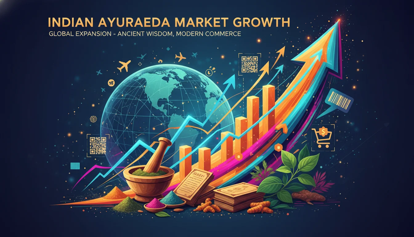 Dynamic illustration showing the rapid growth of the Indian Ayurvedic market. Visualize upward-trending graphs and charts, intertwining with traditional Ayurvedic symbols like mortar and pestle, herbs, and ancient texts. Incorporate elements suggesting global reach and modern commerce, with a vibrant and energetic color palette.