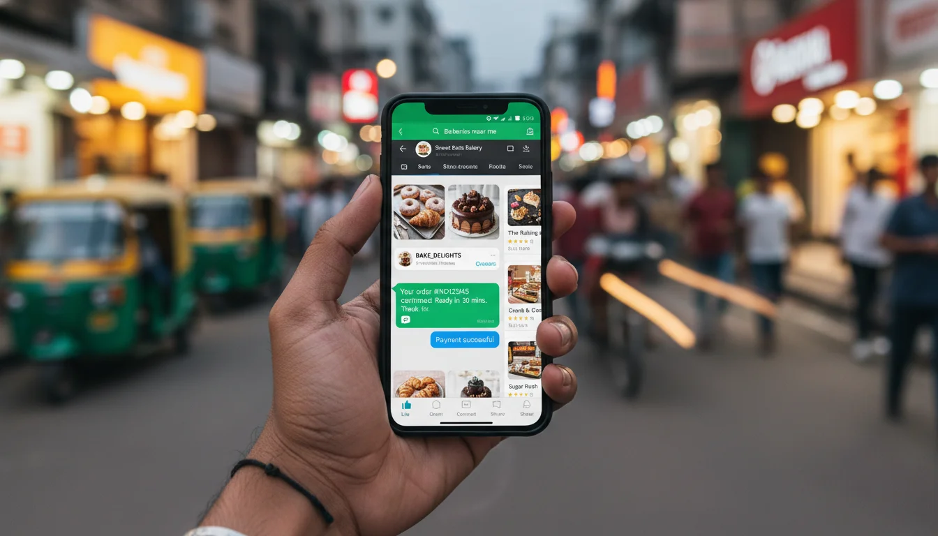 Dynamic visual representing the modern Indian consumer's digital interaction with bakeries. Show a hand holding a smartphone displaying various app interfaces: a social media feed with appetizing bakery content (cakes, pastries), a WhatsApp chat screen with an order confirmation, and a quick-commerce app showing bakery listings. The background should be a subtle, energetic urban Indian setting, highlighting mobile-first engagement.