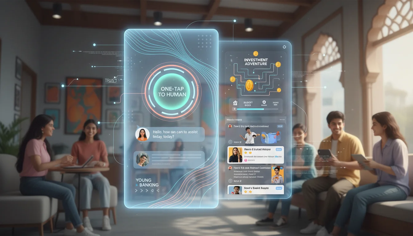 A conceptual image depicting solutions for modern Indian banking. Show a clear, transparent digital interface free of "dark patterns," a seamless integration between an AI chatbot and a human customer service representative (perhaps a "one-tap to human" button prominently displayed), and vibrant, engaging content designed for Gen Z, possibly featuring gamified financial literacy or authentic user-generated content, all within an Indian banking context. Emphasize trust, ease of use, and youthful engagement.