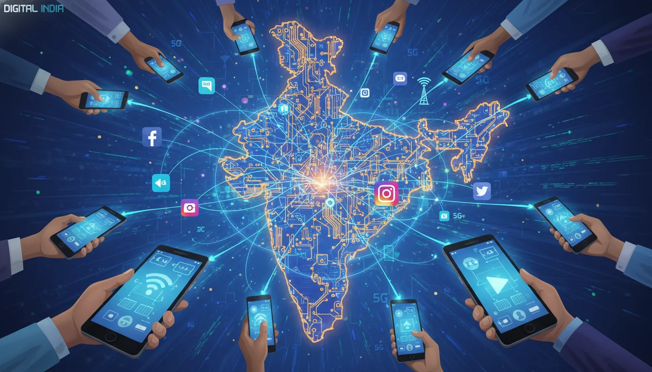 A dynamic illustration showcasing India's widespread digital connectivity, featuring hands holding smartphones, interconnected digital lines forming a network across a stylized map of India, and icons representing social media apps and high-speed internet. Emphasize mobile-first usage and a vibrant, modern digital ecosystem.