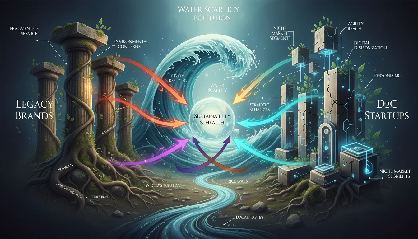 An abstract visual representing the competitive landscape in India's beverage and water purification markets. Include elements symbolizing legacy brands and agile D2C startups, with arrows indicating challenges and opportunities such as environmental concerns, fragmented service, or niche market segments. Focus on strategic positioning and market dynamics.