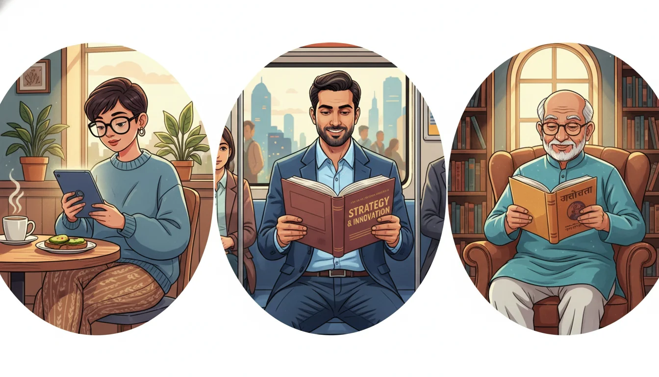 A high-quality digital illustration featuring a diverse group of three Indian readers: a Gen-Z woman in a trendy cafe with a tablet, a professional man in a metro train with a business book, and an elderly man in a library reading a regional language novel. The art style is modern, vibrant, and celebrates the diversity of reading habits in India.