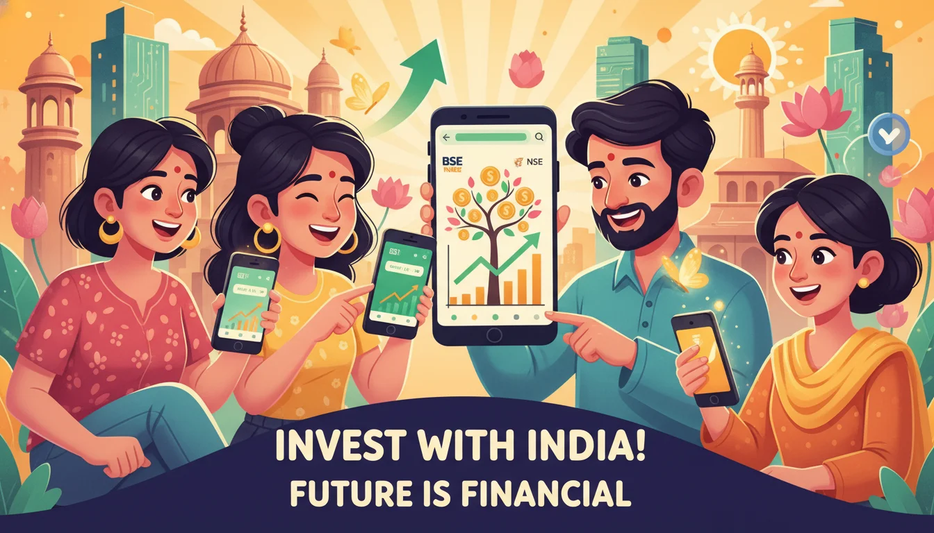Vibrant and dynamic illustration of diverse Indian individuals (young, middle-aged, from urban and semi-urban settings) happily engaging with investment apps on their smartphones, symbolizing the booming retail participation and financial inclusion in the Indian stock market. Show upward trending graphs and subtle elements of growth and prosperity. Warm and encouraging tone.