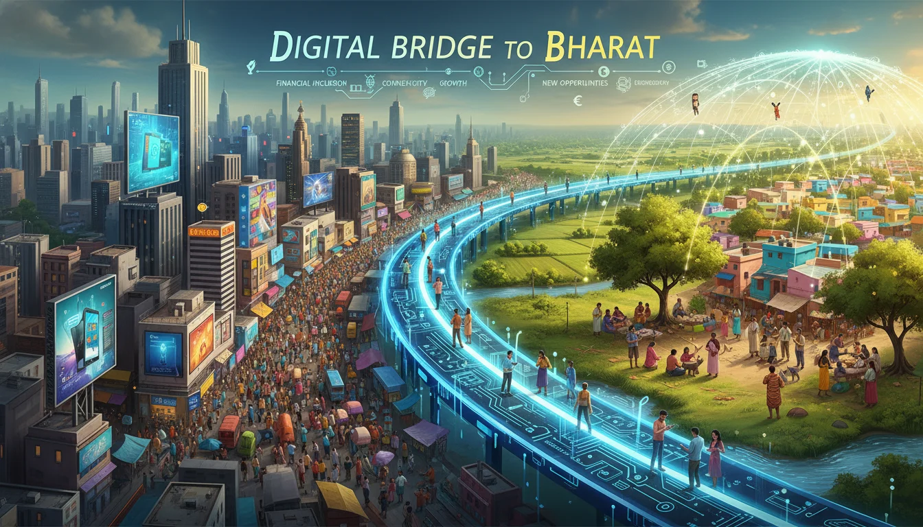 Illustrative image depicting a metaphorical bridge or pathway connecting a bustling Indian metropolis with a vibrant, growing Tier-2 or rural Indian town, symbolizing the expansion of digital finance into 'Bharat'. Show diverse people from these regions interacting with mobile devices, reflecting financial inclusion and new market opportunities. The image should convey growth and connectivity, overcoming urban saturation.