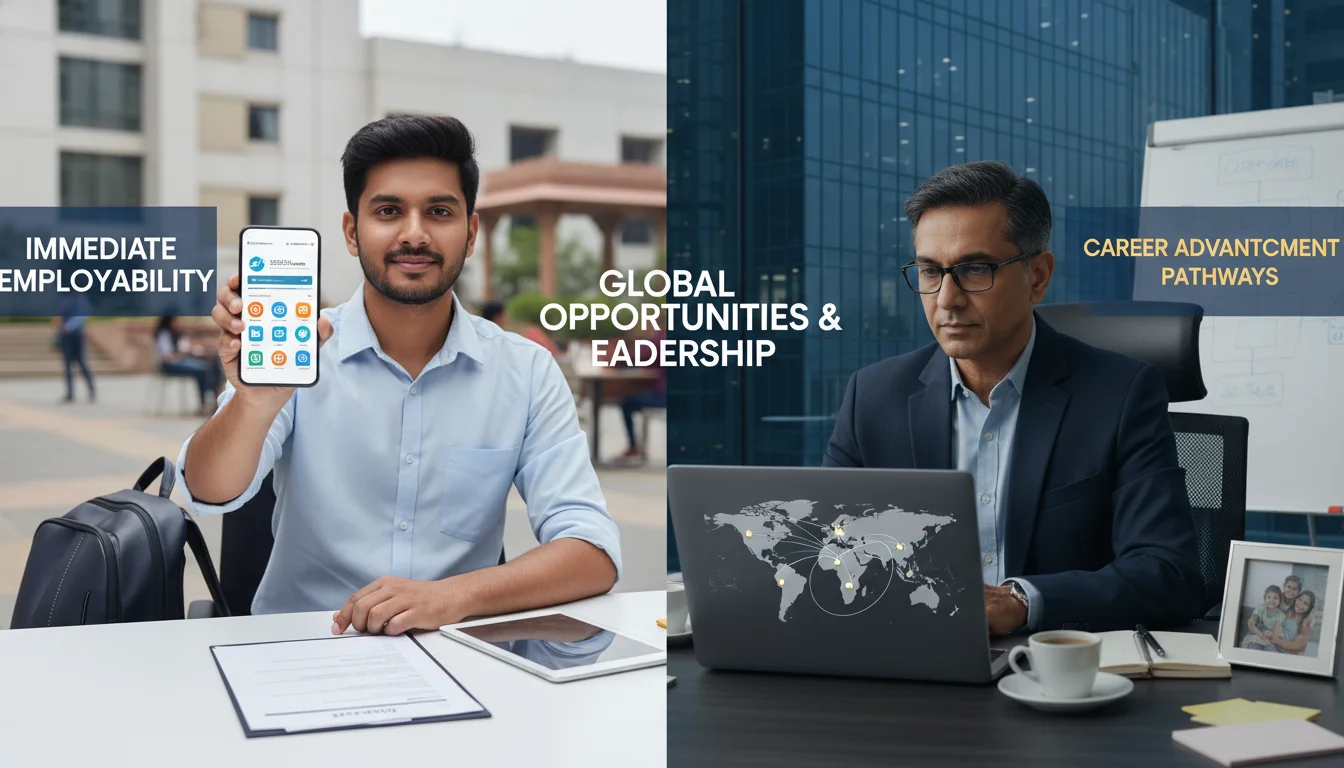 A split image contrasting two distinct professional personas in India: on one side, a young, ambitious graduate focused on immediate employability, perhaps with digital badges and a smartphone; on the other side, an experienced mid-career professional thoughtfully engaging with a laptop, looking at career advancement and global opportunities. Both are shown in a modern, professional, Indian context.