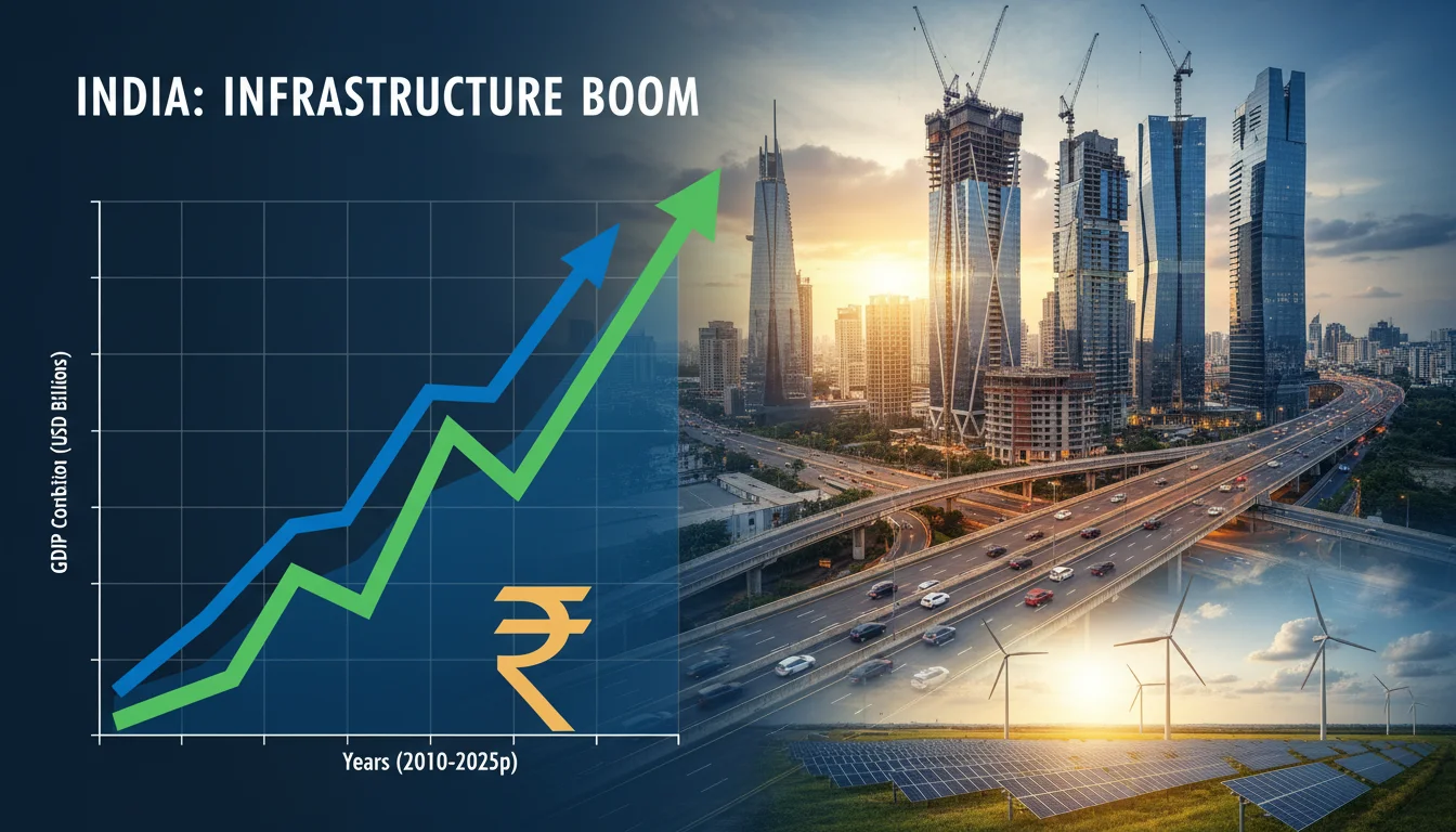 A dynamic infographic or realistic photo depicting the rapid growth of the Indian construction and infrastructure sector. Show a soaring upwards graph, overlaid with modern Indian infrastructure like high-rise buildings, expressways, and renewable energy projects. Emphasize economic expansion and large-scale development in India.