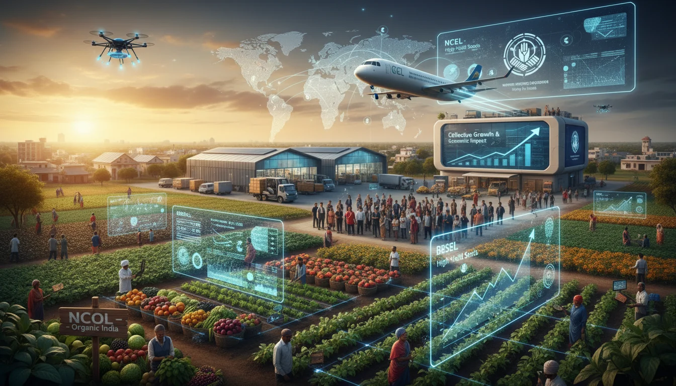 A vibrant visual showcasing the modern scale and diversity of Indian national cooperatives. Show elements representing National Co-operative Exports Limited (NCEL) with global trade, National Cooperative Organics Limited (NCOL) with organic produce, and Bharatiya Beej Sahakari Samiti Limited (BBSSL) with high-yield seeds. Incorporate digital elements and a sense of collective growth and economic impact in a rural yet globally connected Indian context.