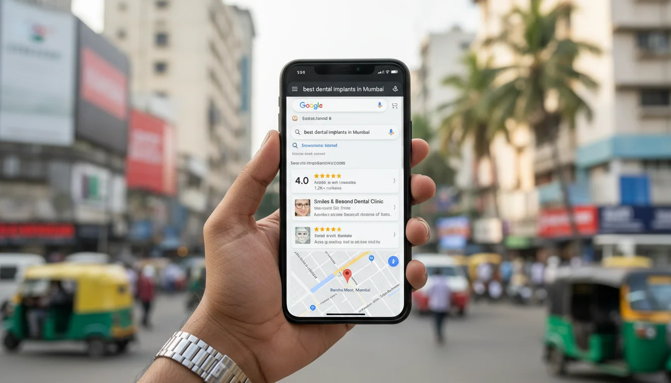 A close-up photograph of an Indian professional's hand holding a sleek, modern smartphone. The screen displays a local Google search result for 'best dental implants in Mumbai' with a focus on high-star ratings and a prominently displayed clinic location on a map. The background is a vibrant, slightly blurred Indian urban landscape. High-resolution, professional photography style.