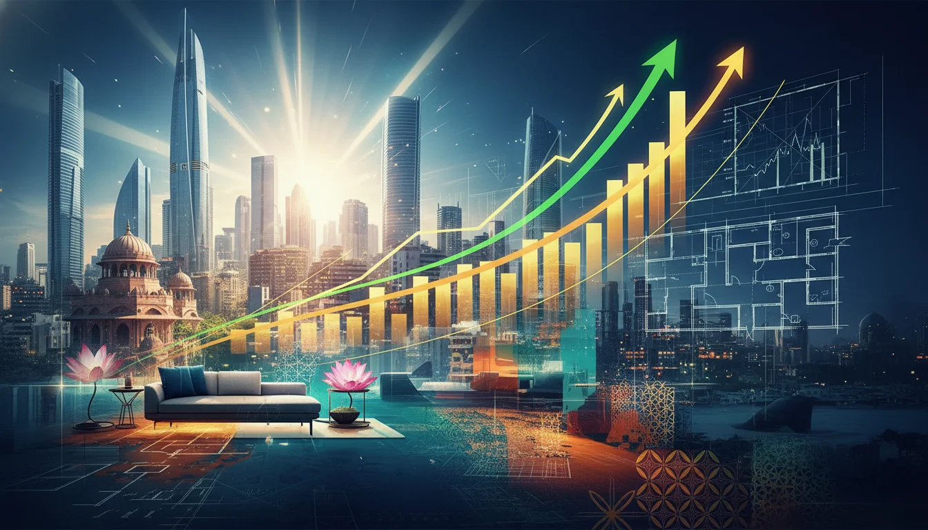 A dynamic and vibrant visual representing the booming Indian architecture and interior design market. Incorporate elements of modern Indian city skylines, upward-trending financial charts, architectural blueprints, and stylish interior design motifs to symbolize rapid growth, urbanization, and economic acceleration in the sector.