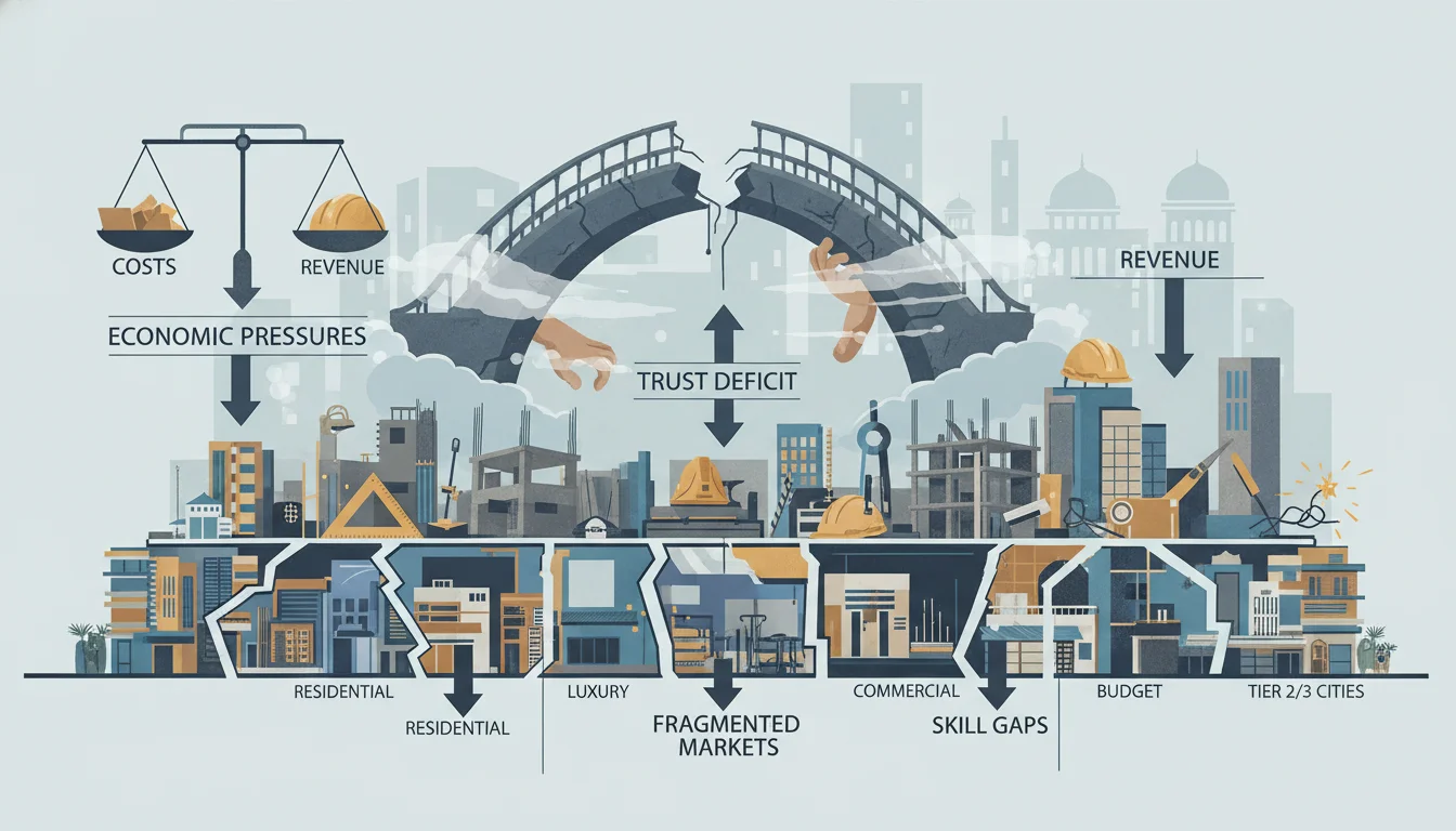 A conceptual illustration depicting the key challenges in the Indian architecture and interior design industry. Show fragmented market segments, a metaphorical "trust deficit" (perhaps a broken bridge or obscured handshake), subtle hints of skill gaps (unfinished work or tools), and economic pressures (downward arrows or scales). The style should be professional, yet convey the complexity of these hurdles.
