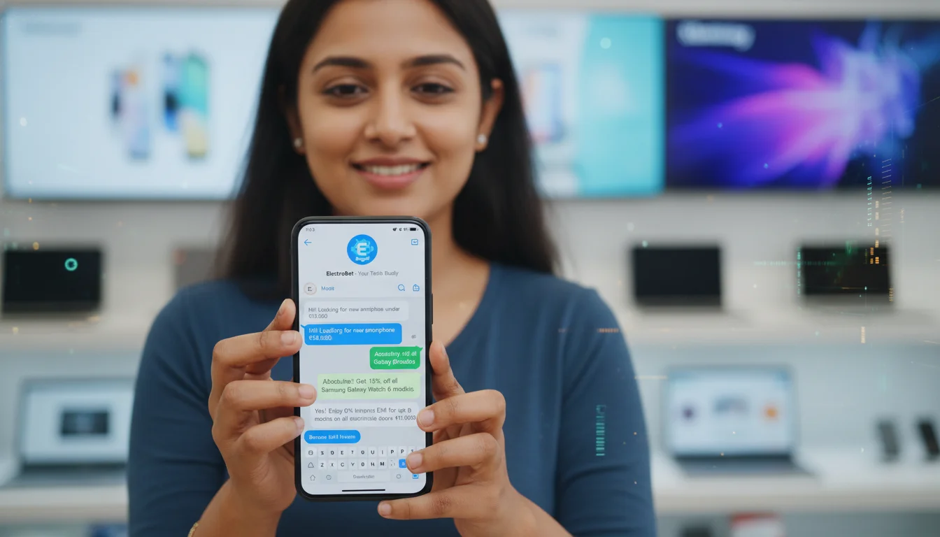 An Indian consumer holding a smartphone, actively engaged in a WhatsApp chat with a friendly, branded chatbot from an electronics store. Speech bubbles show product inquiries, personalized offers, and quick responses, illustrating a seamless conversational commerce experience. The background subtly shows a retail store environment mixed with digital elements. Modern, approachable, high-resolution.