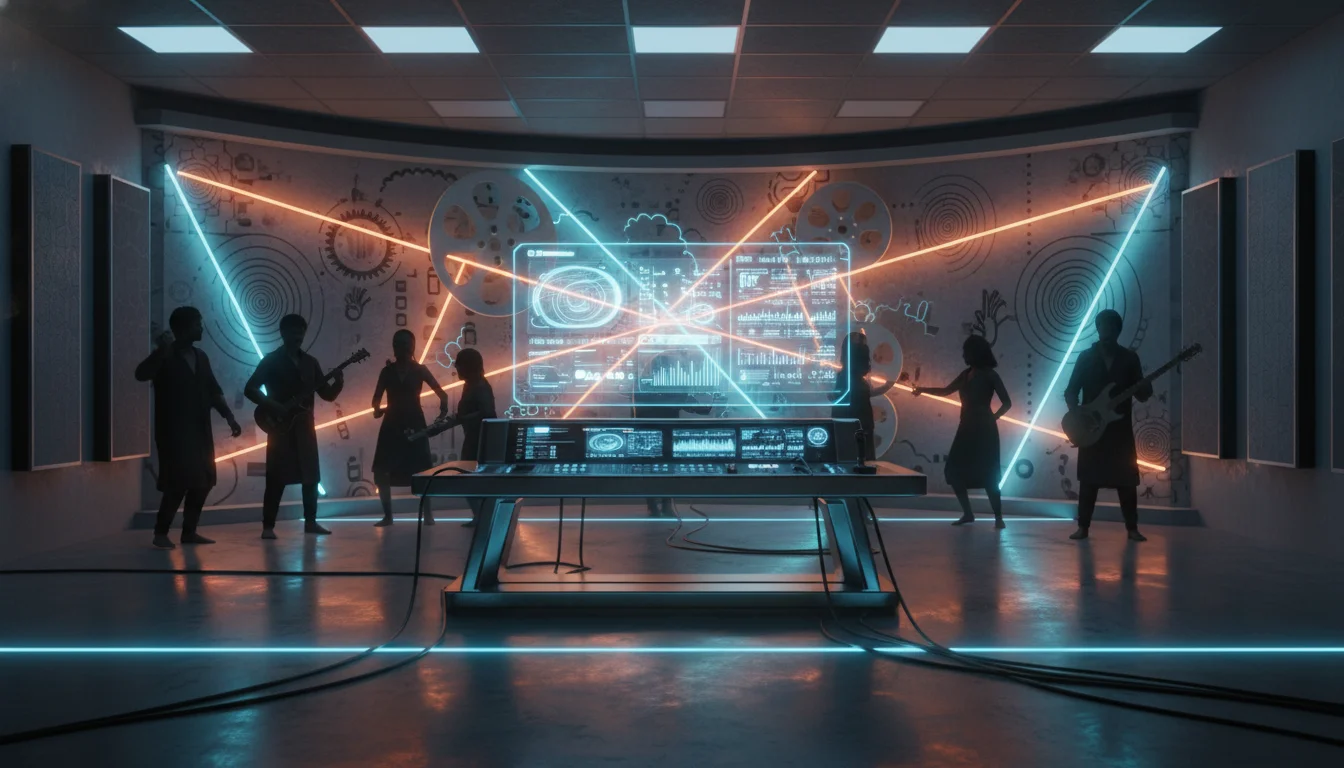 A vibrant and modern representation of an Indian film and music studio. The scene features a sleek recording console with a holographic interface showing social media metrics, a backdrop of cinematic film reels, and silhouettes of diverse artists. Neon lighting in saffron and teal, blending traditional Indian cinematic motifs with cutting-edge digital technology. 8k resolution, cinematic lighting.
