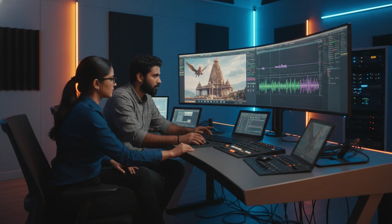 A high-end professional post-production suite in Hyderabad. A female editor and a male sound engineer are collaborating over a massive curved monitor showing detailed VFX and audio waveforms from a pan-Indian blockbuster film. Blue and orange ambient lighting, technical precision, hyper-realistic, 8k.